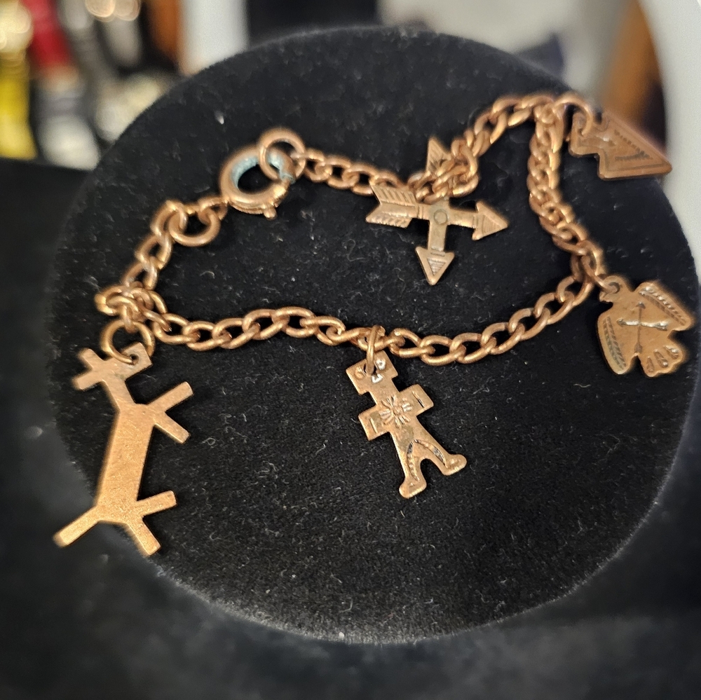 Copper Native American Navajo Concho Stamped 5 Charm Bracelet